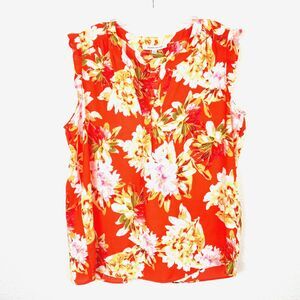 Rose + Olive Popover Blouse Size XL V-Neck Ruffle Cap Sleeves Floral Orange
